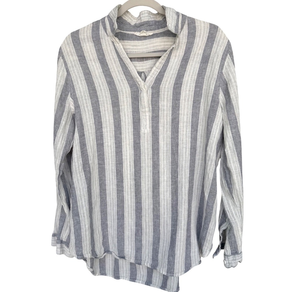 Beachlunchlounge Grey White‎ Stripe Linen Cotton Tunic Top Women Large Coastal